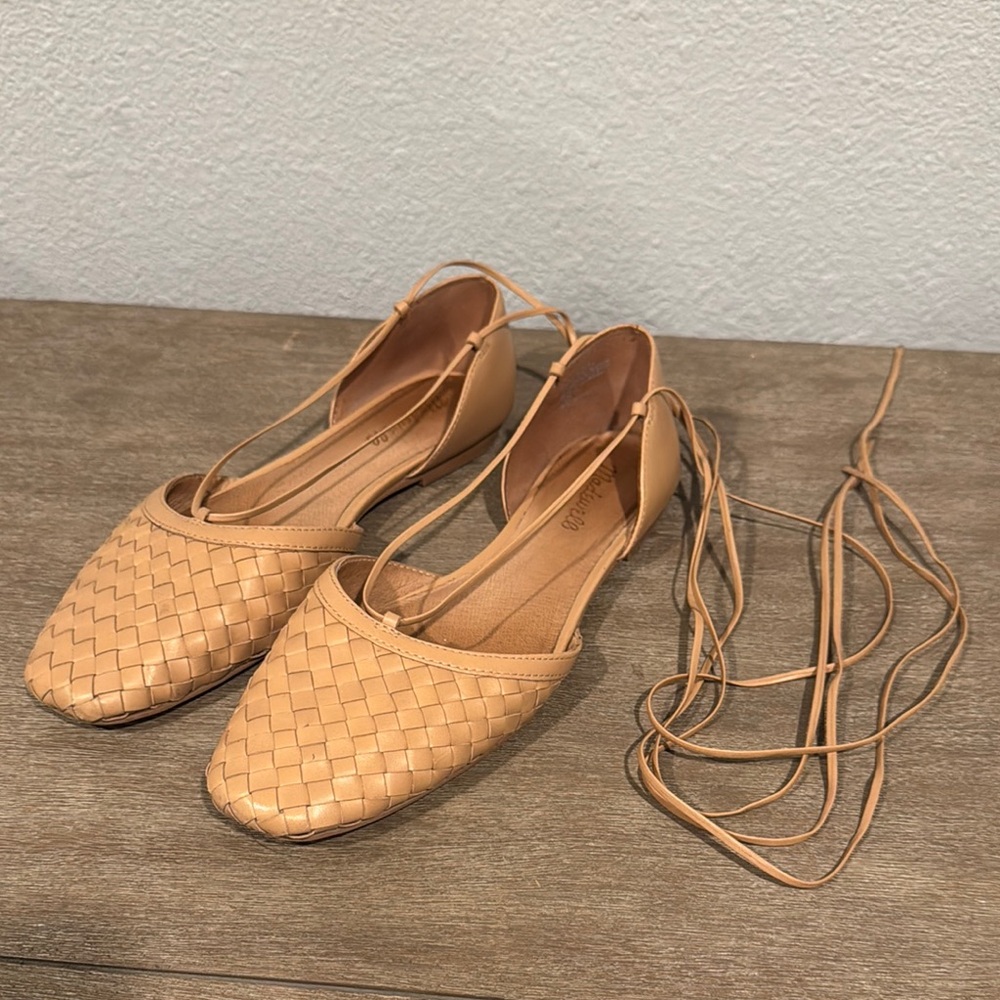 Madewell Celina Lace Up Flat woven leather tan ballet flat shoe square toe